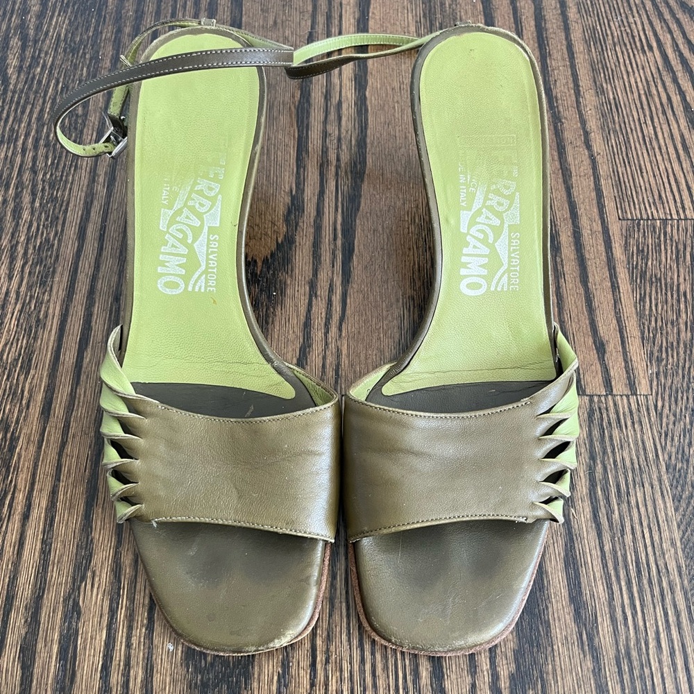 Salvatore Ferragamo Olive and green Leather Slingback Heels